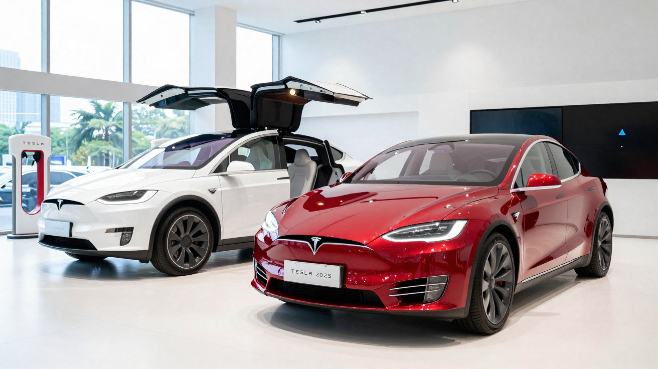 Dois carros elétricos Tesla num showroom, um branco com portas tipo gaivota abertas e outro vermelho à frente.