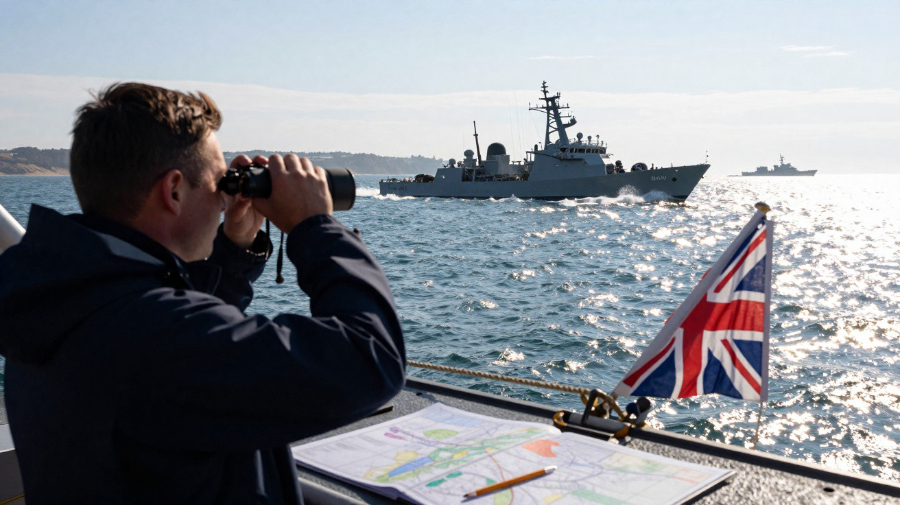Homem com binóculos observa navios militares no mar, com bandeira do Reino Unido à vista.
