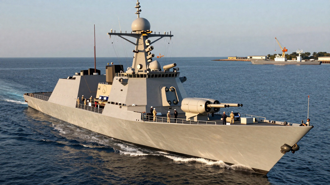 Navio de guerra cinzento com tripulação navegando em mar calmo perto da costa durante o dia.
