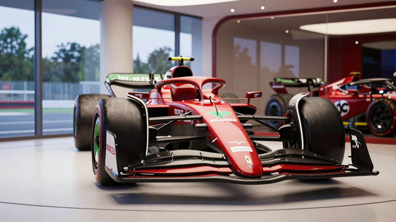 Carro de Fórmula 1 vermelho em exposição numa sala com janelas amplas e outro carro ao fundo.
