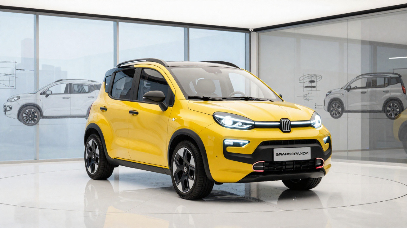 Automóvel Fiat Grande Panda amarelo em exposição num espaço moderno com paredes de vidro.