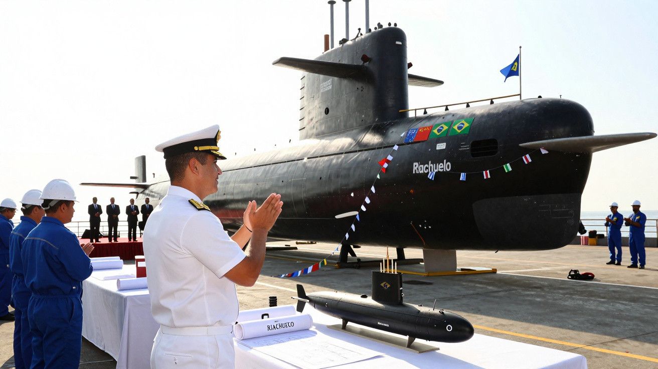 Oficiais e trabalhadores celebram diante do submarino Riachuelo no cais durante cerimónia naval.