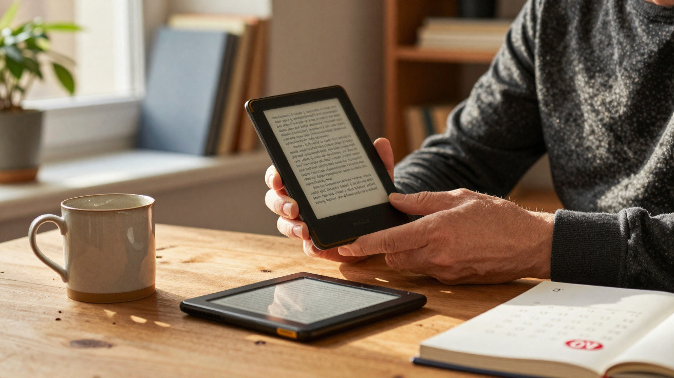 Pessoa a ler num leitor de e-books com outra tablet e uma caneca sobre a mesa de madeira.