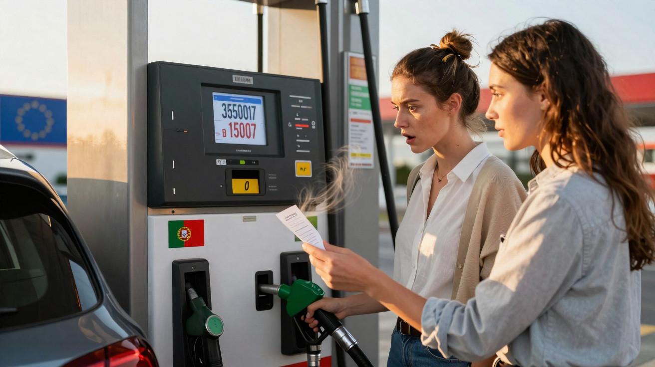 Duas mulheres junto a uma bomba de combustível numa estação de serviço em Portugal, com papel na mão.