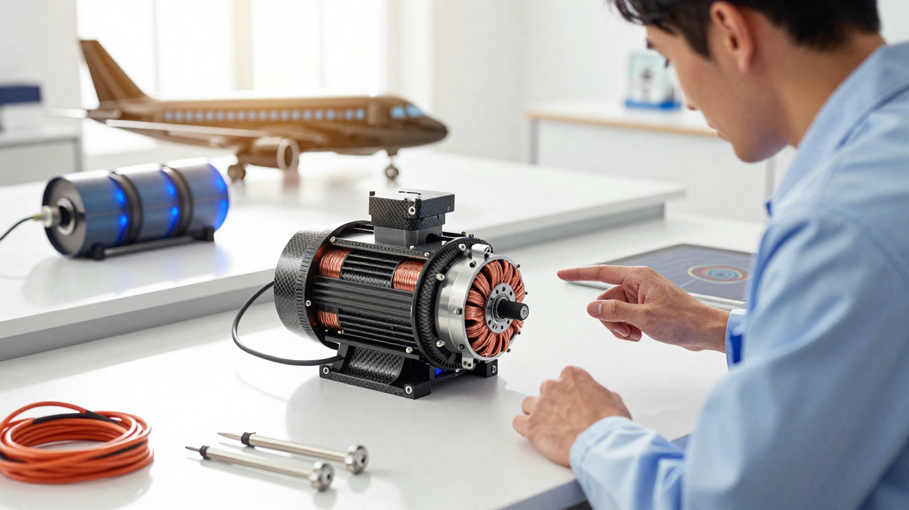 Homem a analisar motor elétrico numa bancada de trabalho com objetos técnicos à volta.