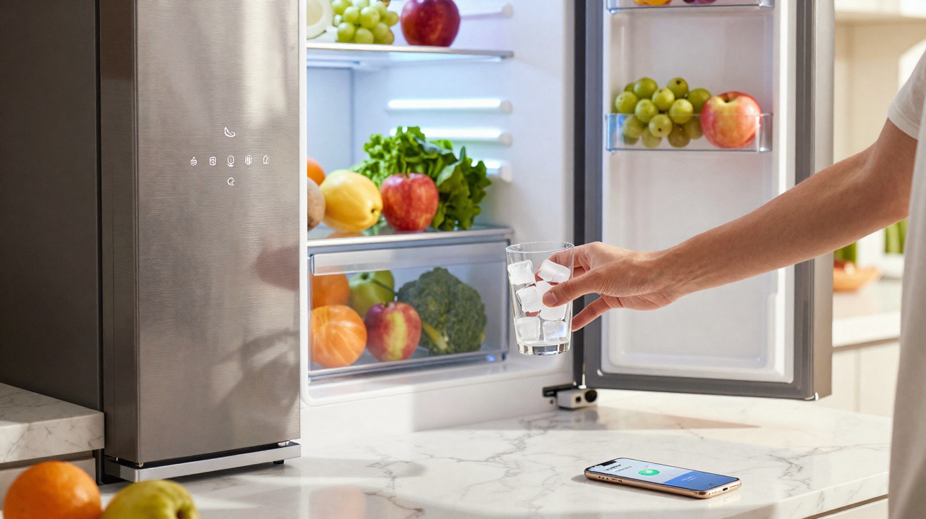 Frigorífico aberto com frutas no interior e mão a segurar copo de água com gelo numa bancada de cozinha.