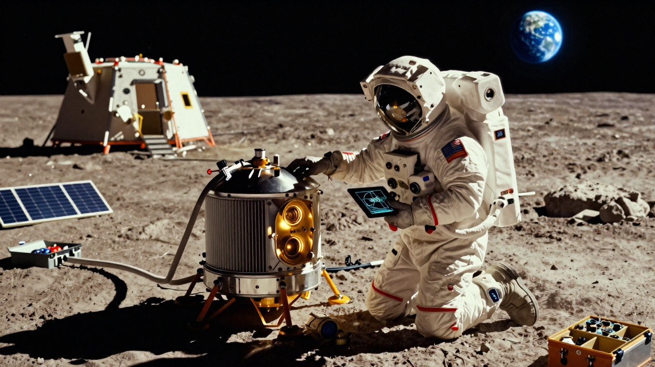 Astronauta americano em fatos espaciais realiza experimento na superfície lunar com Terra ao fundo.