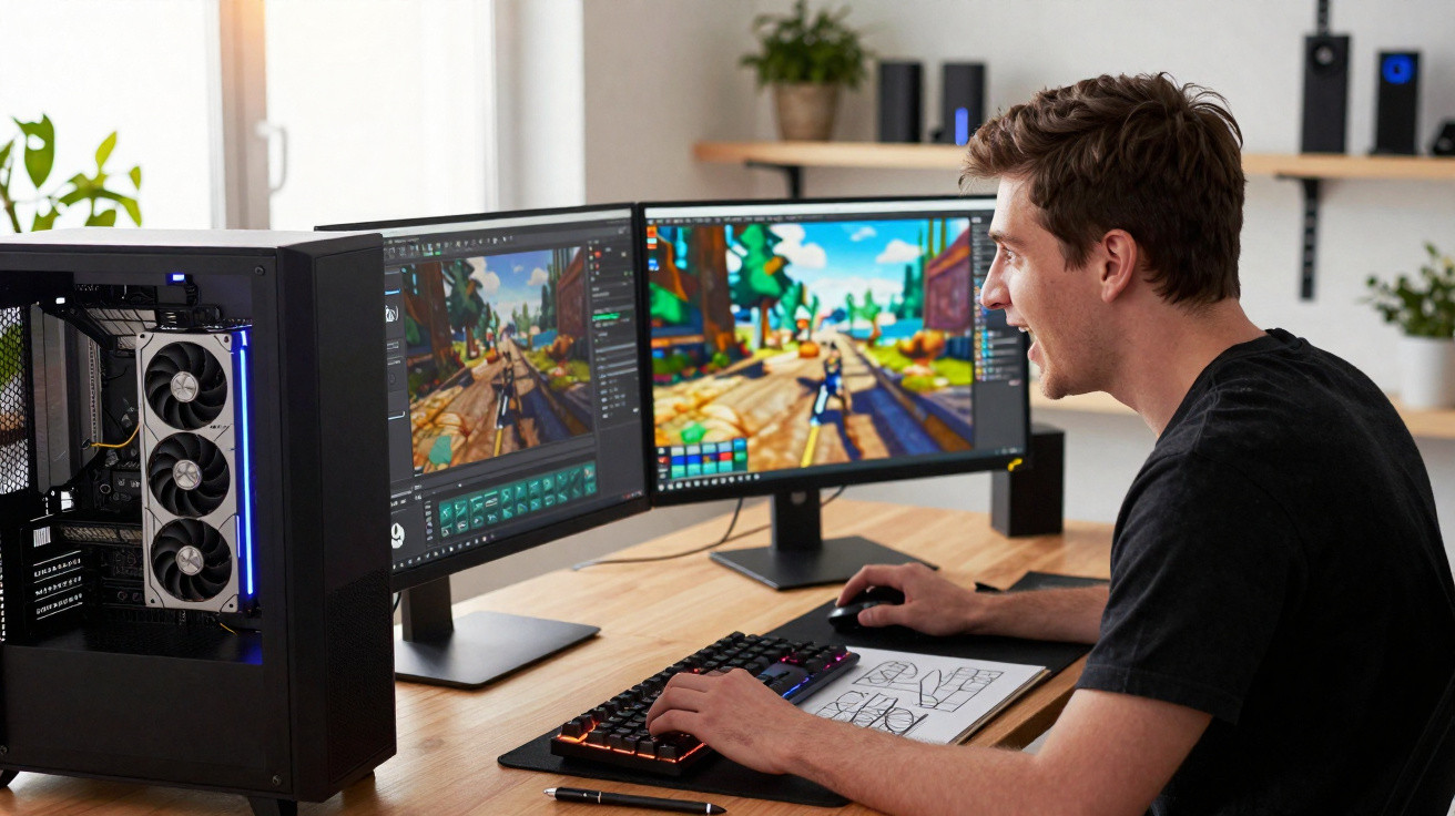Jovem entusiasmado a jogar videojogo num computador com dois ecrãs, um teclado e um rato numa secretária.