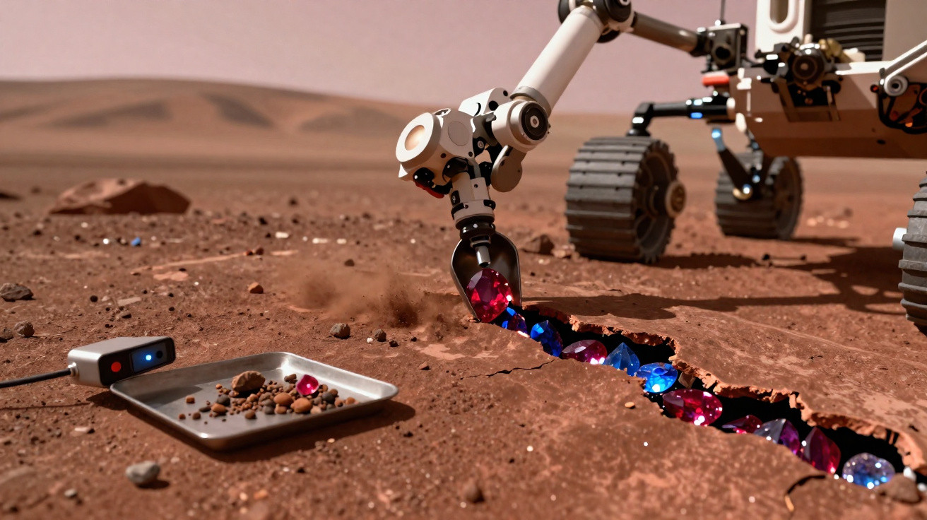 Braço robótico de rover a recolher cristais coloridos do solo marciano rachado.