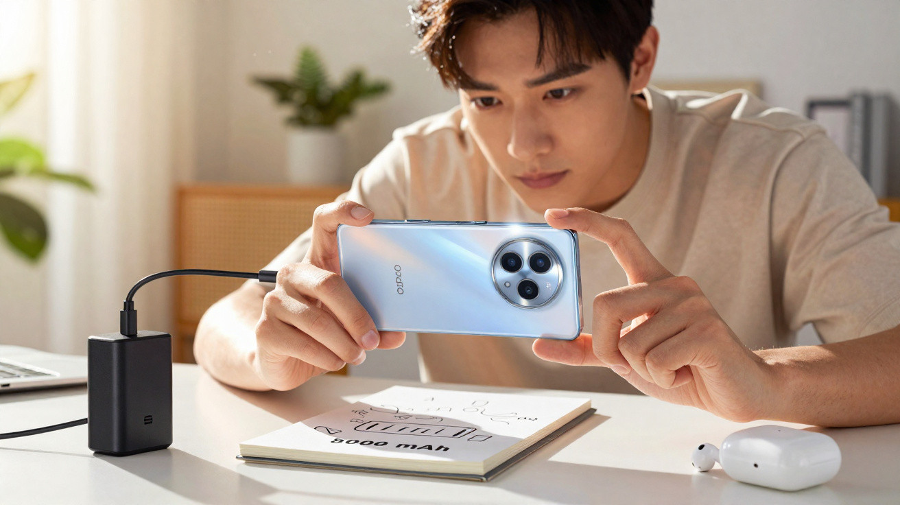 Homem a tirar foto de desenho numa mesa com smartphone Oppo ligado a carregador.