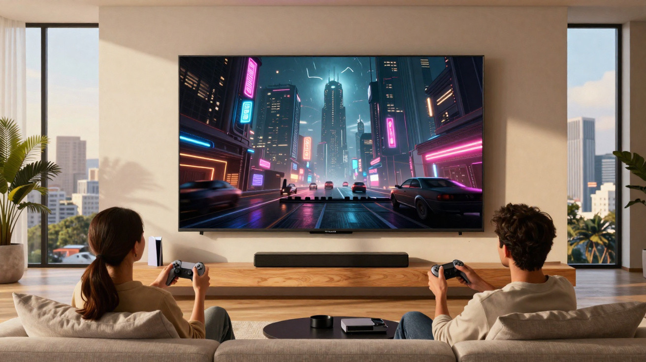 Duas pessoas jogam videojogos de condução numa sala moderna com TV grande a exibir cidade futurista à noite.