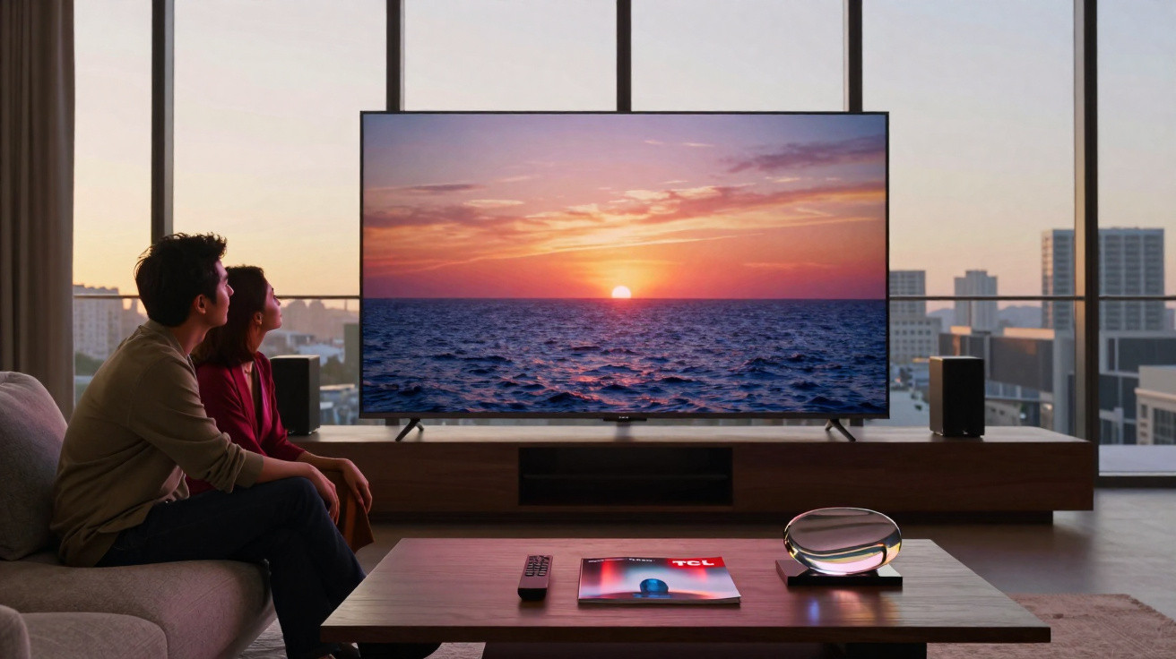 Casal sentado no sofá a ver paisagem de pôr do sol no mar numa televisão de ecrã grande numa sala moderna.