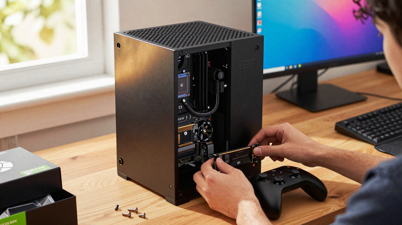 Pessoa a instalar uma peça de hardware numa pequena torre de PC numa secretária com comandos e monitor.