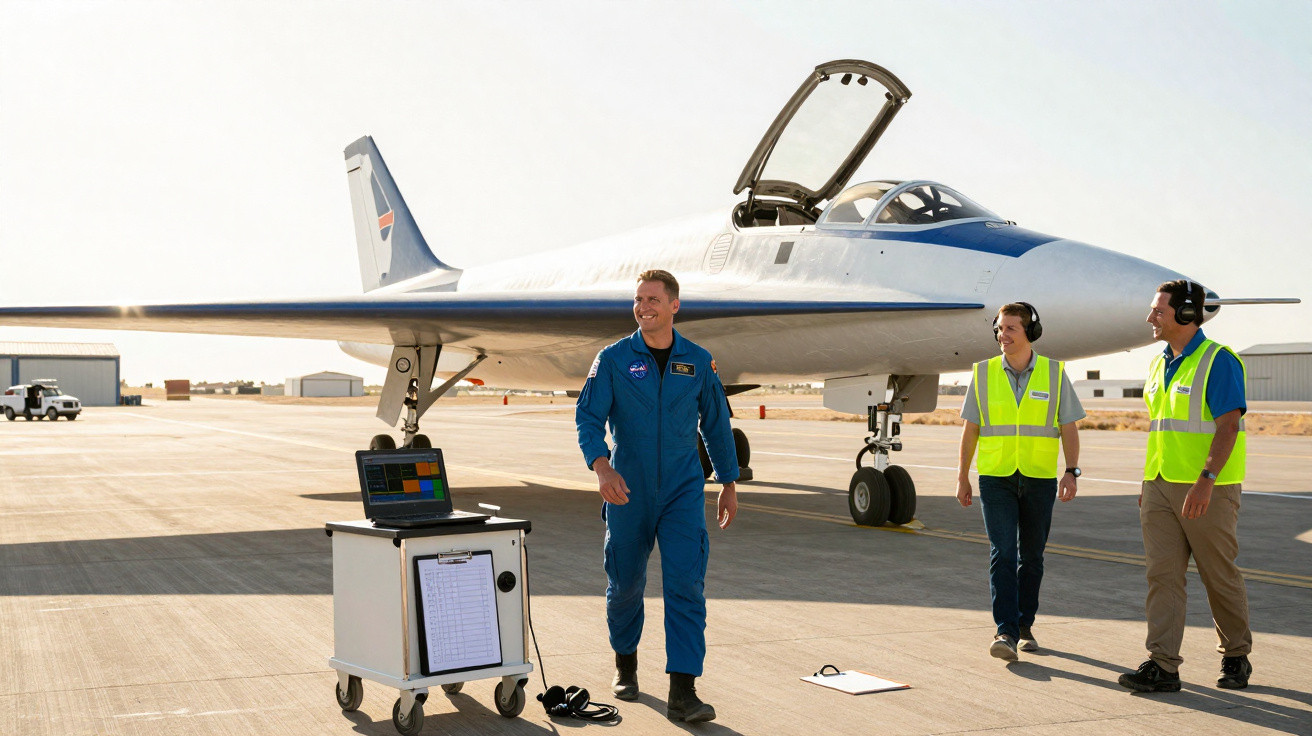 Piloto e técnicos com coletes refletivos junto a avião experimental numa pista de aeroporto.