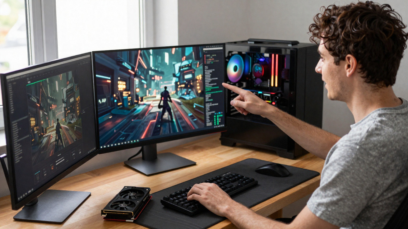 Jovem a usar computador com dois ecrãs, jogando videojogo de ação futurista numa secretária em casa.