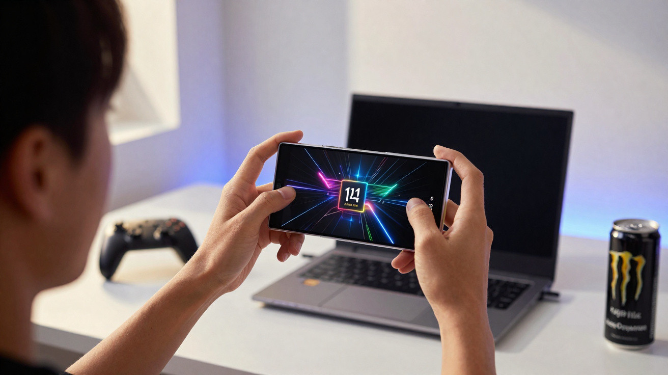 Pessoa a jogar num smartphone com ecrã a mostrar 114 FPS, perto de um computador portátil e lata de bebida energética.