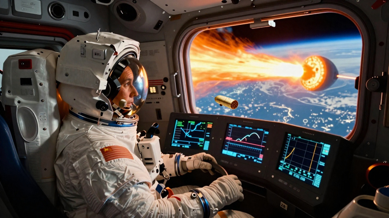 Astronauta dentro de nave espacial observando um objeto em chamas entrando na atmosfera da Terra.
