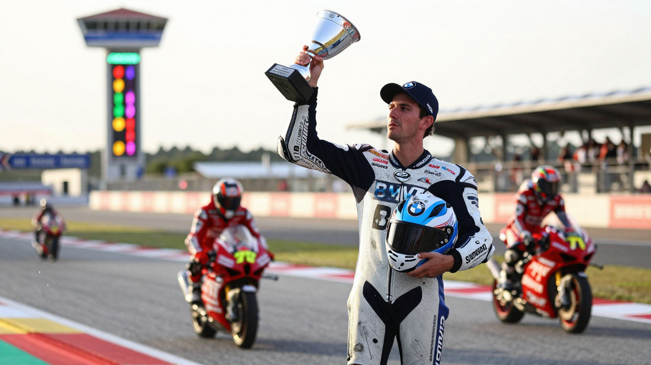 Piloto de motociclismo com fato BMW levanta troféu numa pista com motos ao fundo.