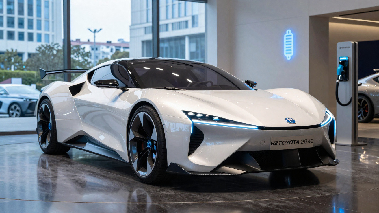 Carro desportivo futurista branco H2Toyota 2040 em exposição, junto a posto de carregamento eléctrico.