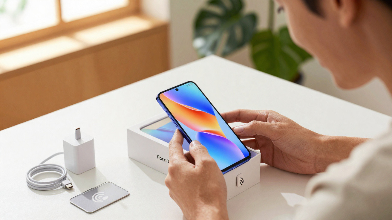 Pessoa a segurar um smartphone azul recém-retirado da caixa com carregador e cabo sobre a mesa branca.