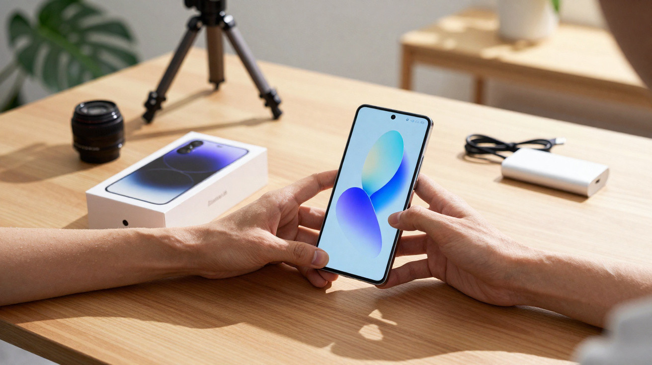 Pessoa a segurar smartphone novo com ecrã ligado, caixa do telemóvel e acessórios num ambiente de trabalho em madeira clara.