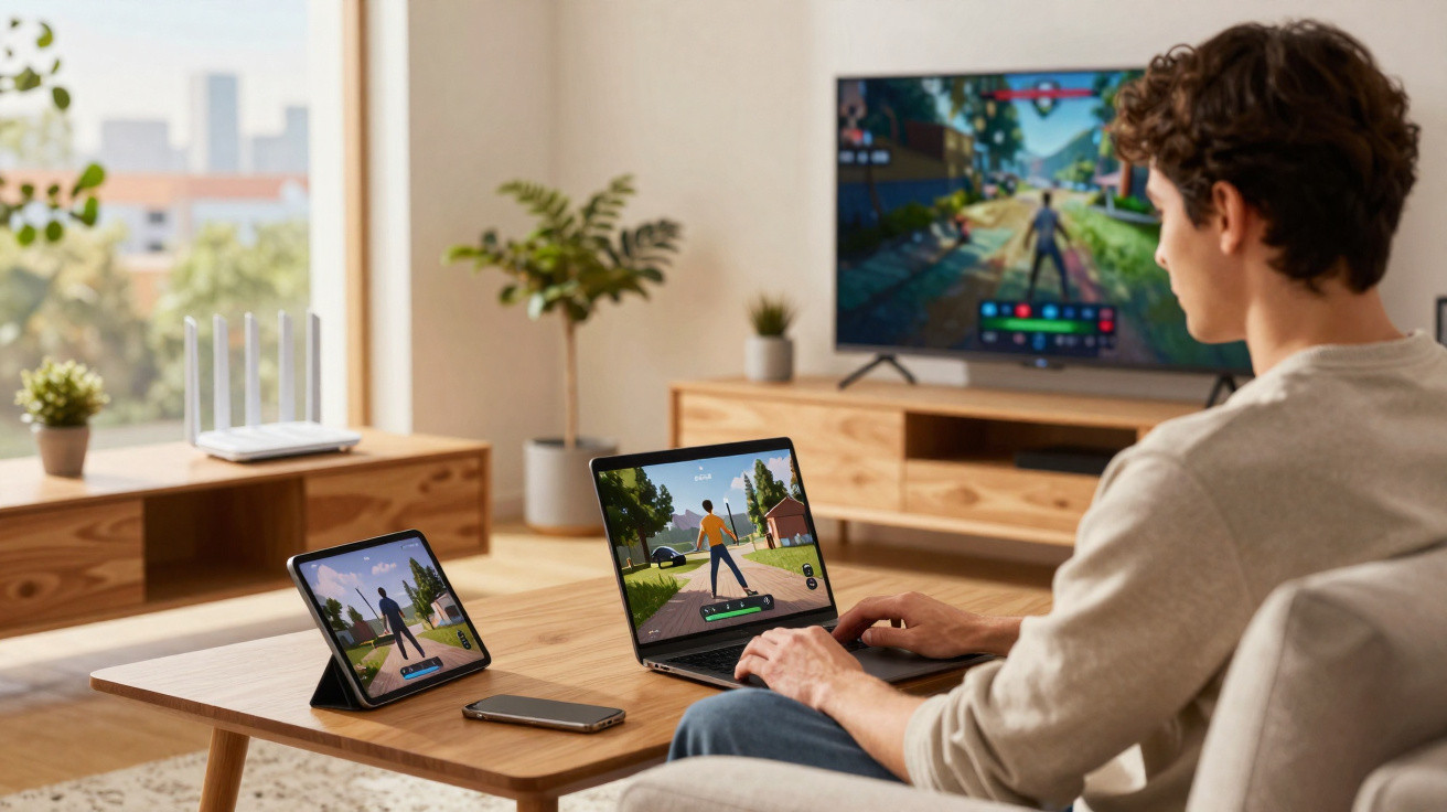 Homem sentado em sala a jogar videojogo em laptop, tablet e TV numa sala moderna e iluminada.