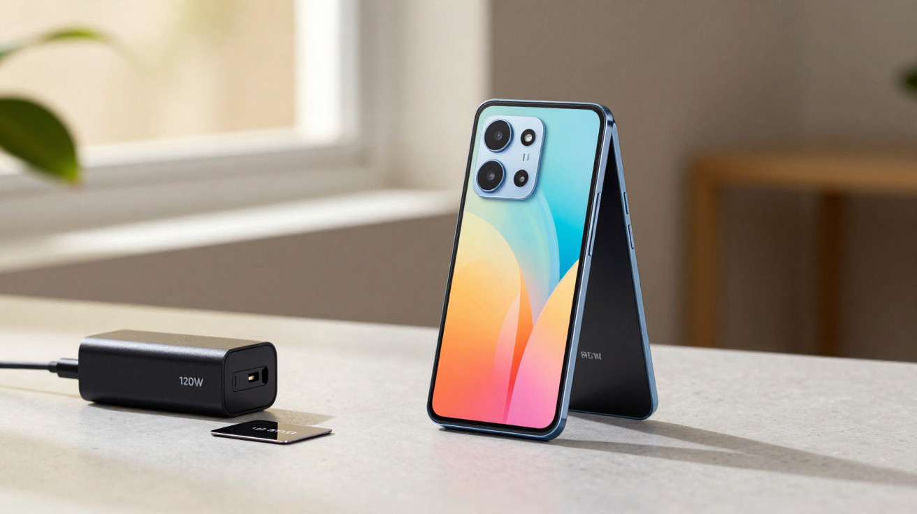 Smartphone moderno azul com ecrã colorido e carregador preto de 120W sobre mesa branca.