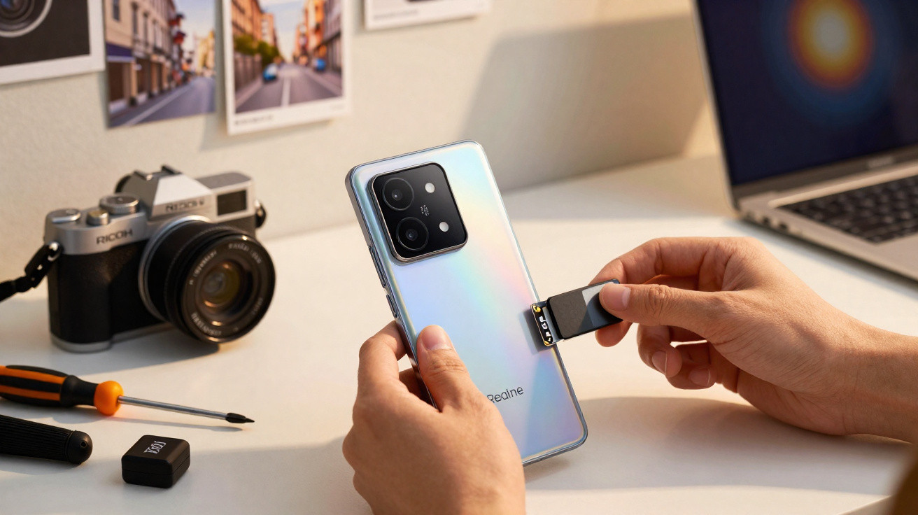 Pessoa a inserir cartão de memória num smartphone realme num espaço de trabalho com câmara e computador portátil.