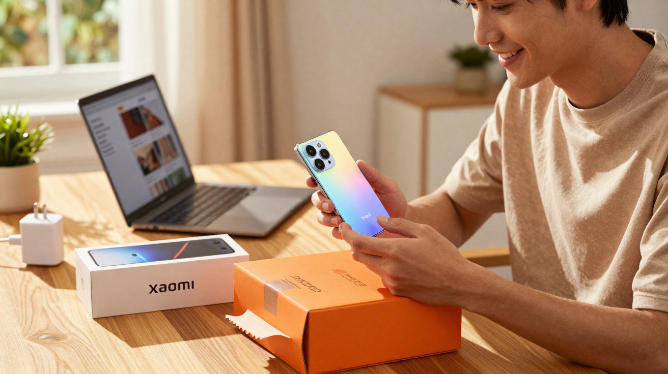 Pessoa a sorrir a segurar smartphone Xiaomi branco com caixa aberta numa mesa com portátil e carregador.