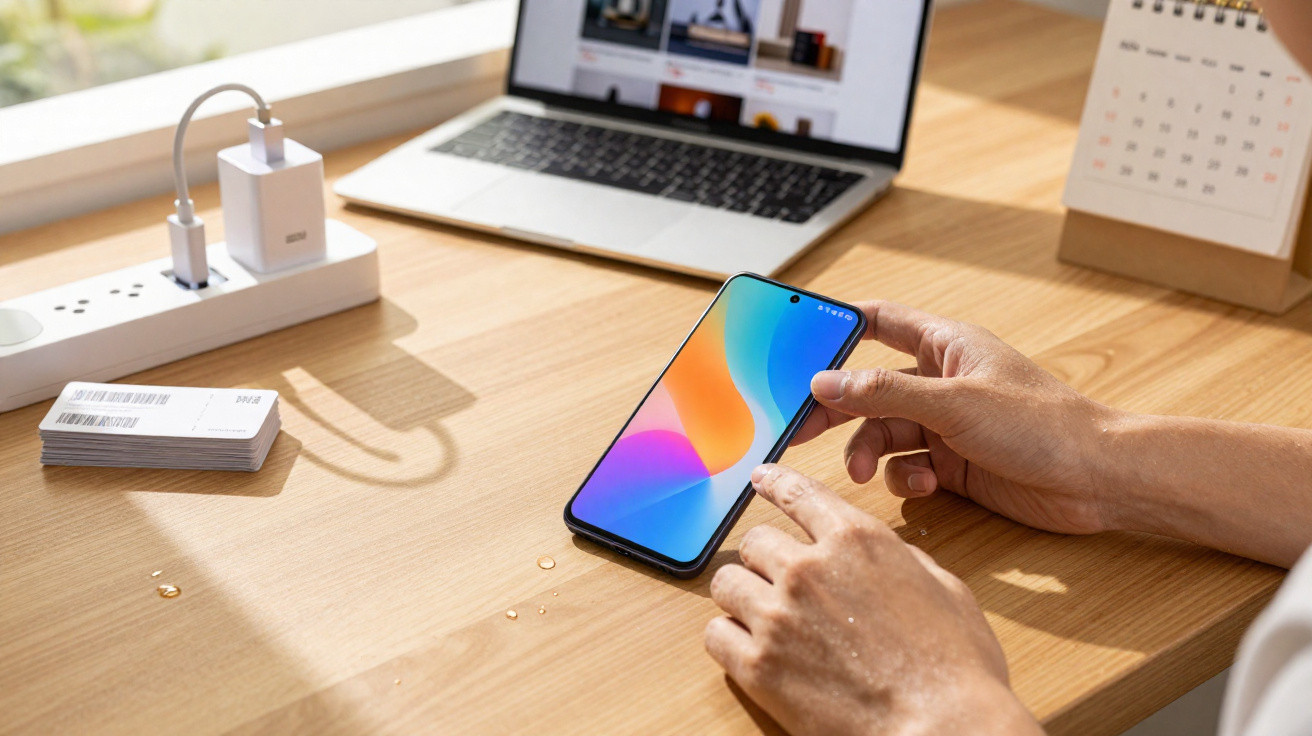 Pessoa a usar smartphone numa secretária de madeira com computador portátil e carregador por perto.