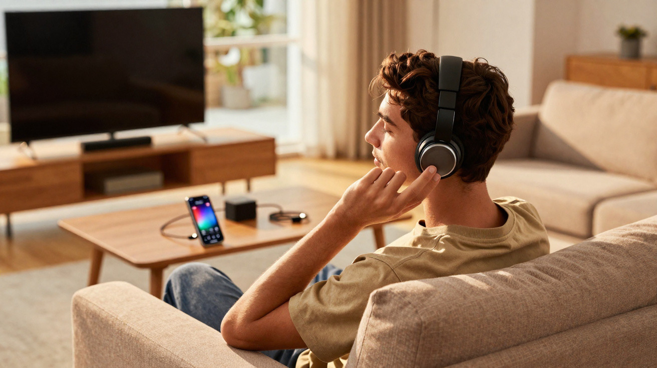 Jovem sentado no sofá a ouvir música com auscultadores, com smartphone num suporte na mesa à frente.