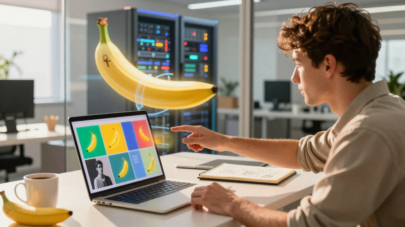 Homem sentado numa mesa a interagir com imagem holográfica de banana a surgir de um computador portátil.