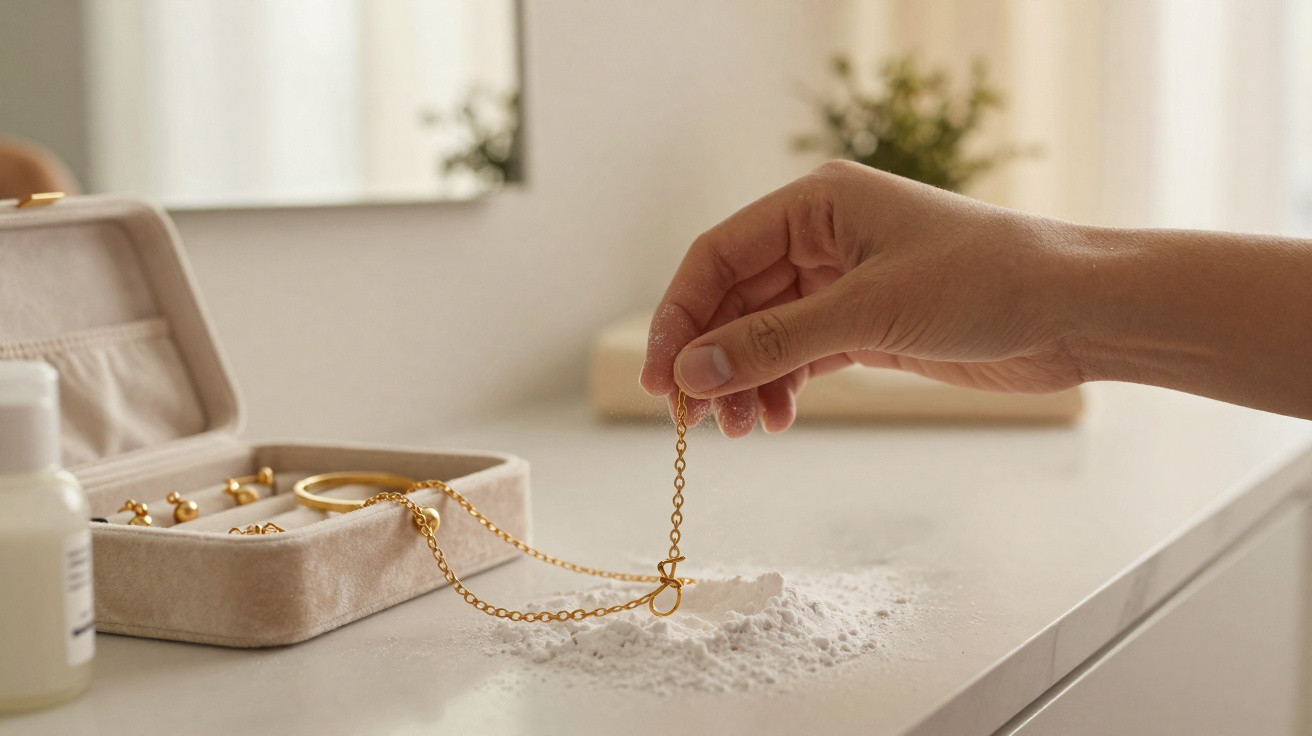 Mão segurando corrente de ouro que mergulha em pó branco sobre mesa, com caixa de joias ao lado.