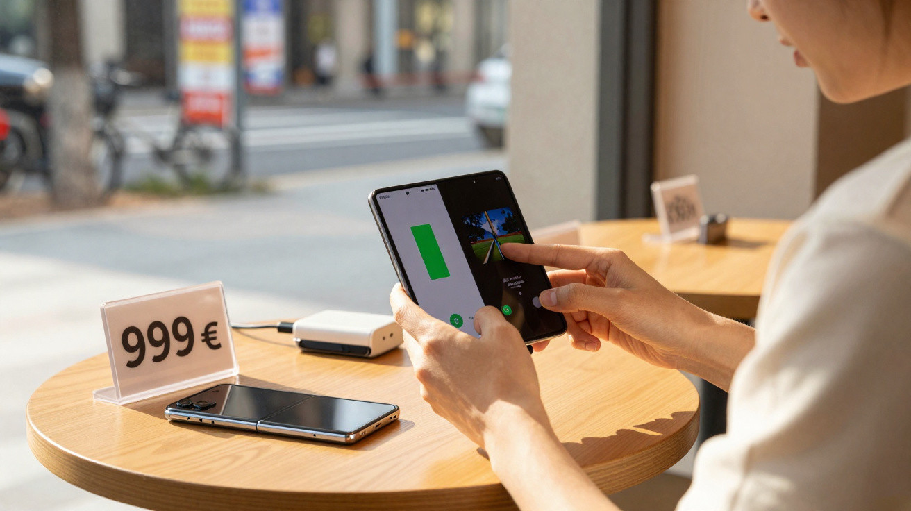 Pessoa a utilizar um telemóvel dobrável numa mesa com etiqueta de preço de 999 euros.