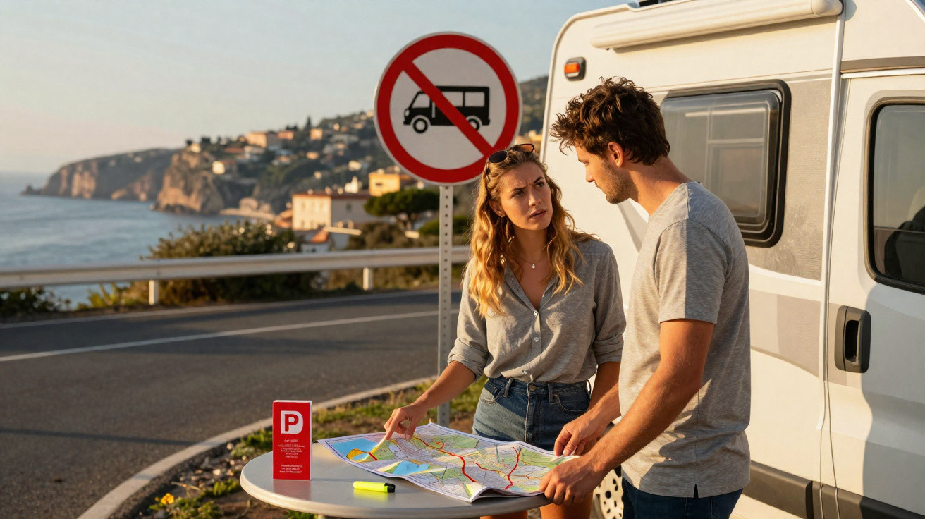 Casal a consultar mapa junto a autocaravana com sinal deProibido autocaravanas numa estrada costeira.