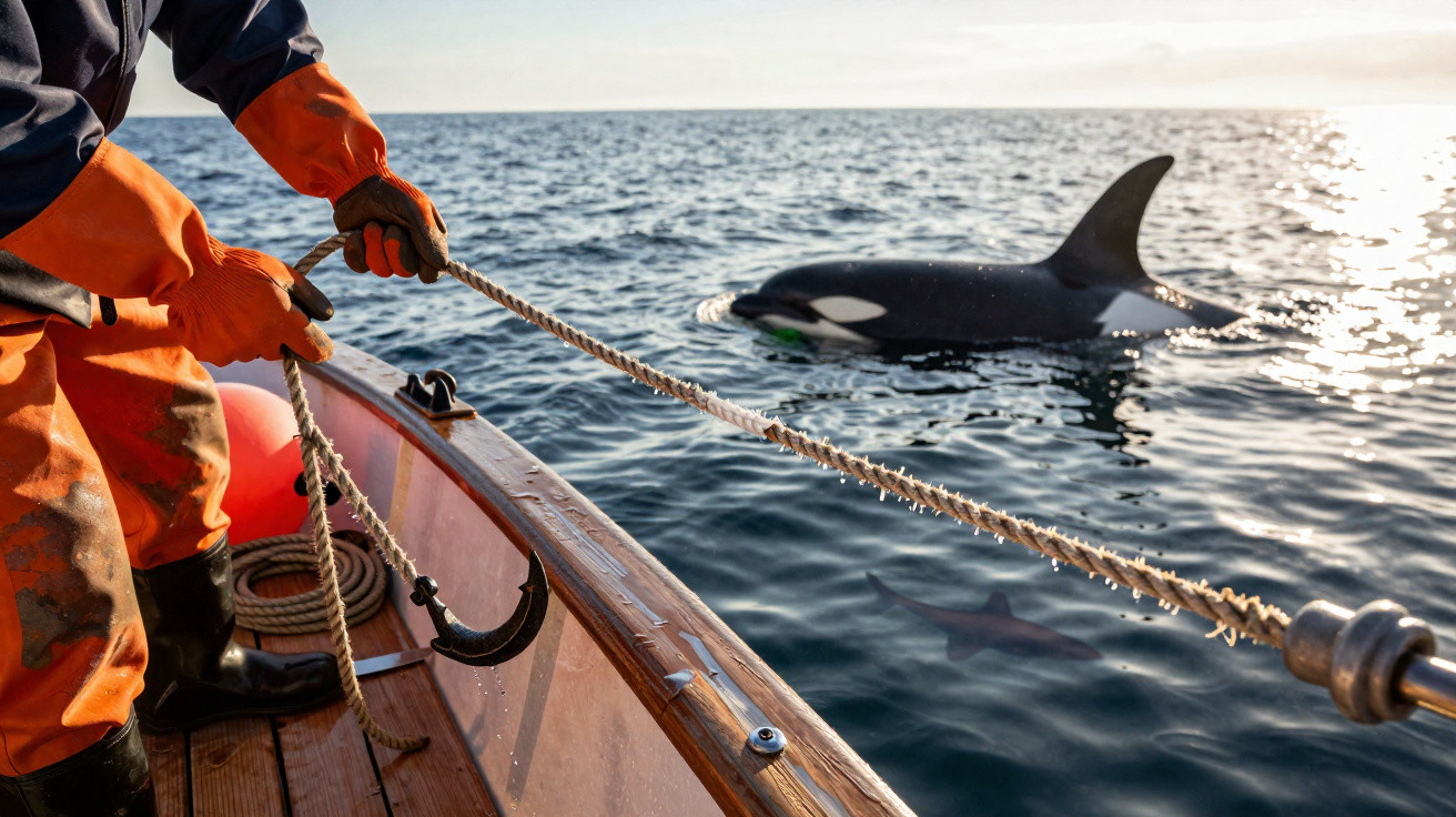 Pescador em barco com fato de proteção laranja segura corda enquanto orca nada próxima no mar calmo.