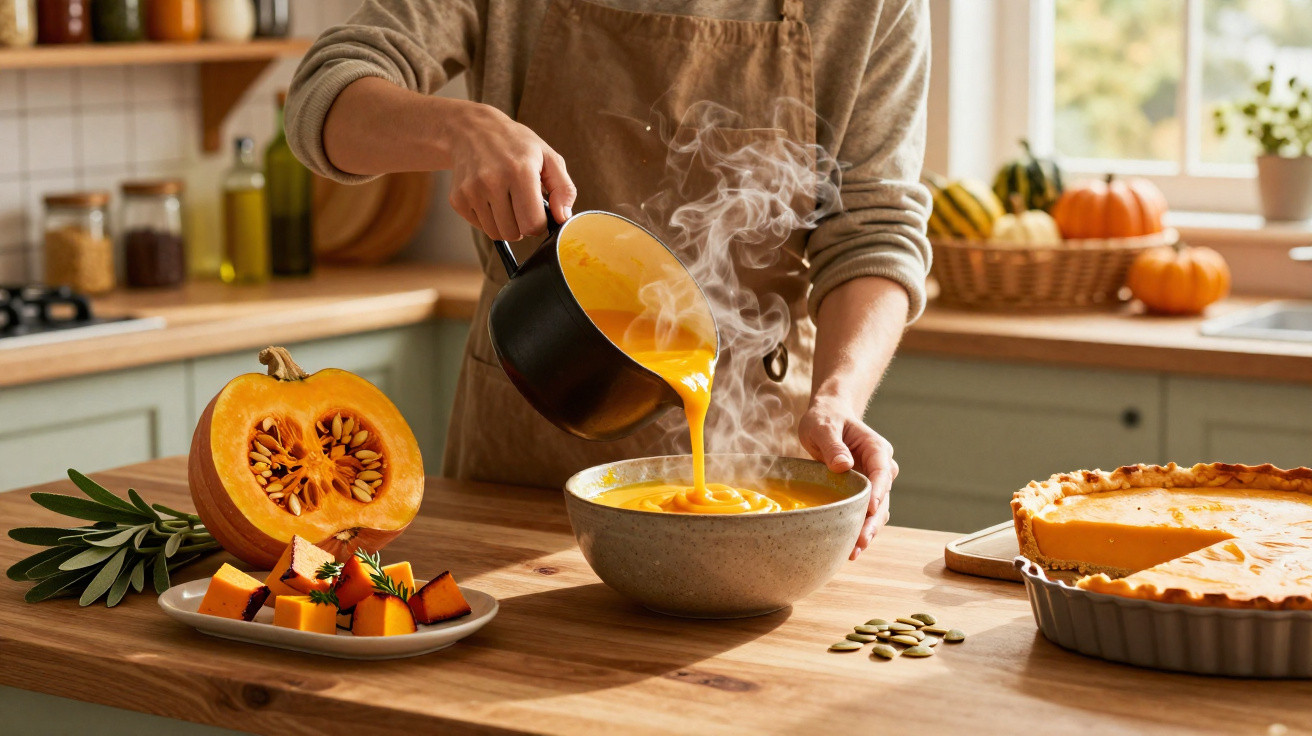Pessoa a servir sopa quente de abóbora numa tigela, com abóbora cortada e tarte de abóbora na mesa.
