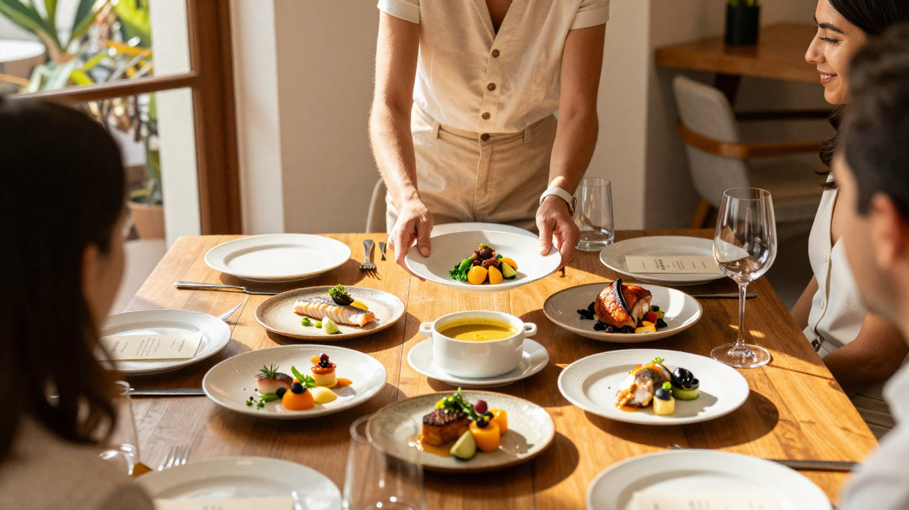 Mesa posta com pratos elegantes de gastronomia fina e pessoas à volta num ambiente acolhedor.