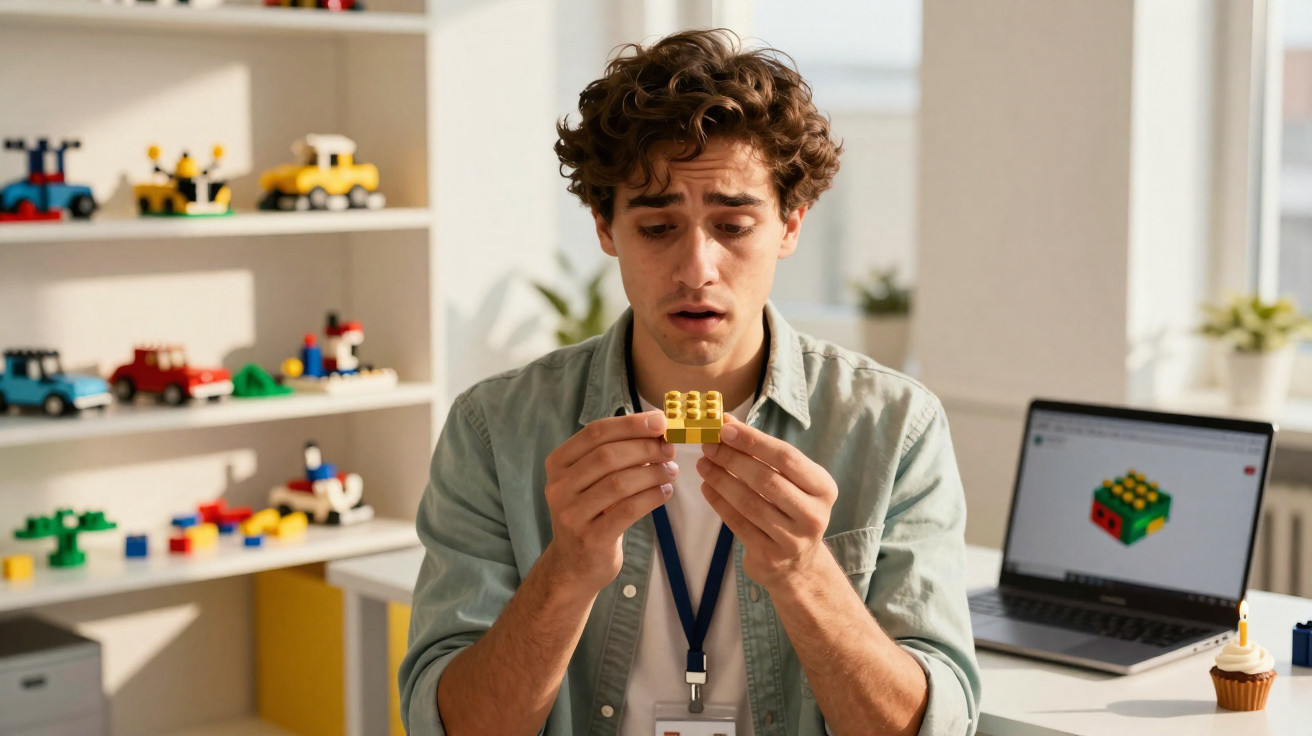 Homem jovem preocupado a tentar montar peça de lego amarela numa sala iluminada com laptop aberto.