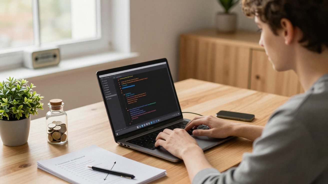 Pessoa a programar num computador portátil num ambiente de trabalho com mesa, planta e caderno à vista.