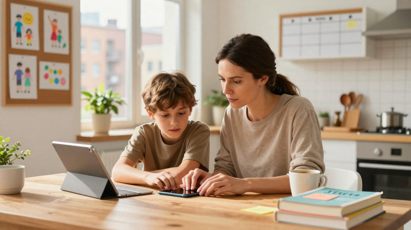 Mãe e filho a estudar com calculadora e tablet numa mesa de cozinha luminosa e organizada.