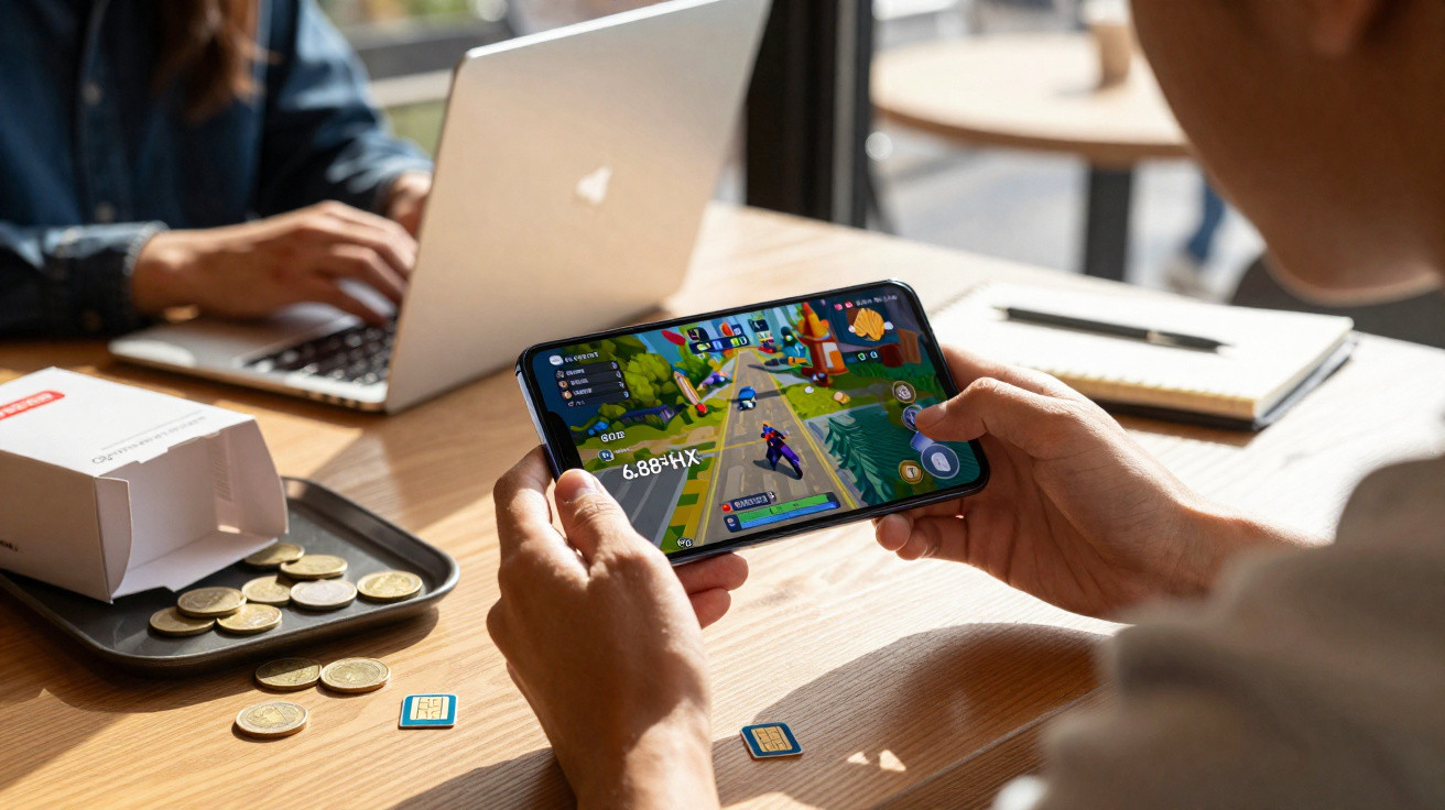 Pessoa a jogar videojogo num smartphone, com computador portátil, moedas e cartões SIM numa mesa de madeira.