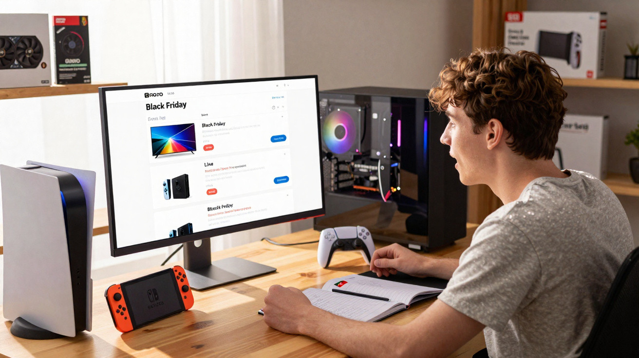 Jovem sentado a computador com ecrã com ofertas de Black Friday e consola Nintendo Switch na secretária.