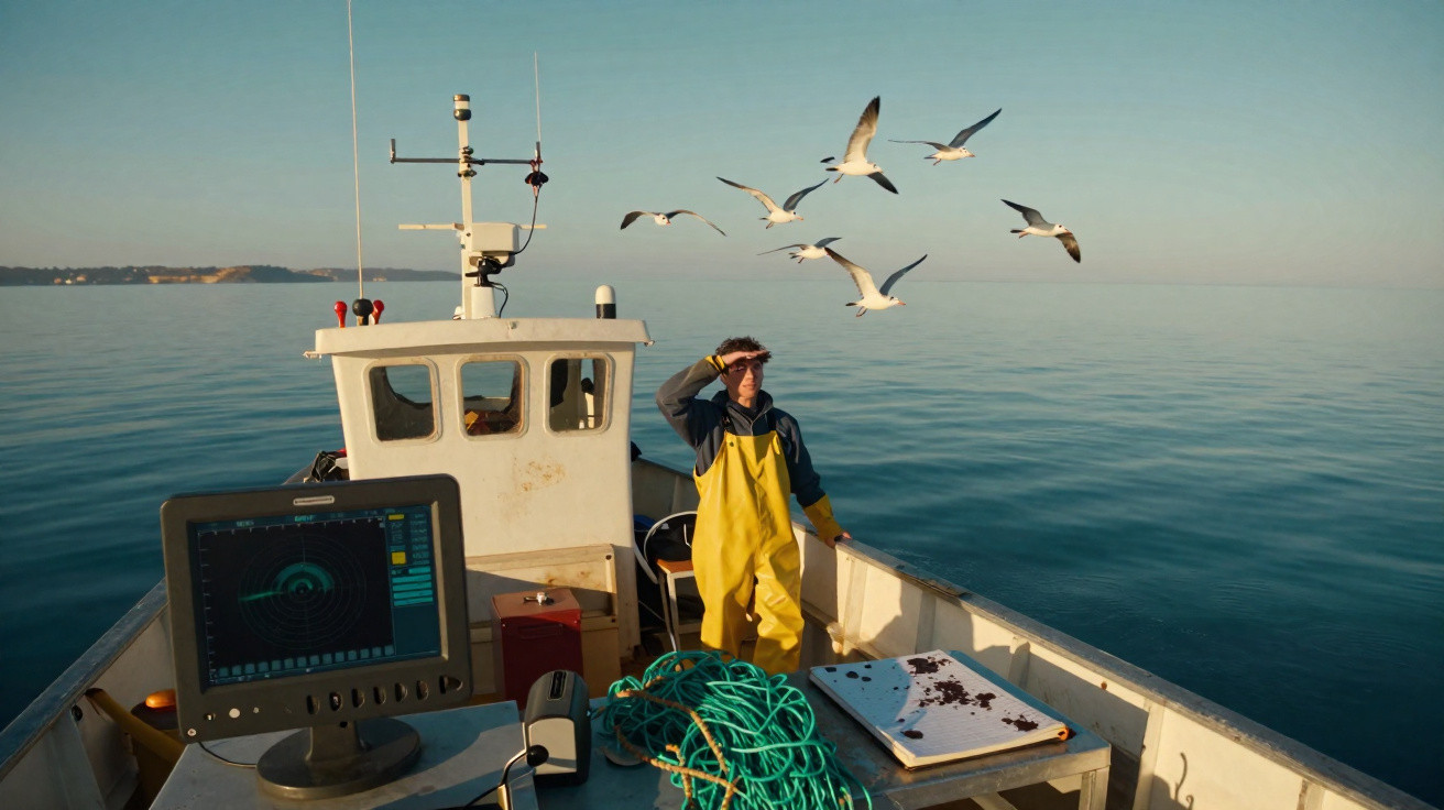 Pescador de fato amarelo no convés de barco com gaivotas voando sobre o mar calmo ao amanhecer.