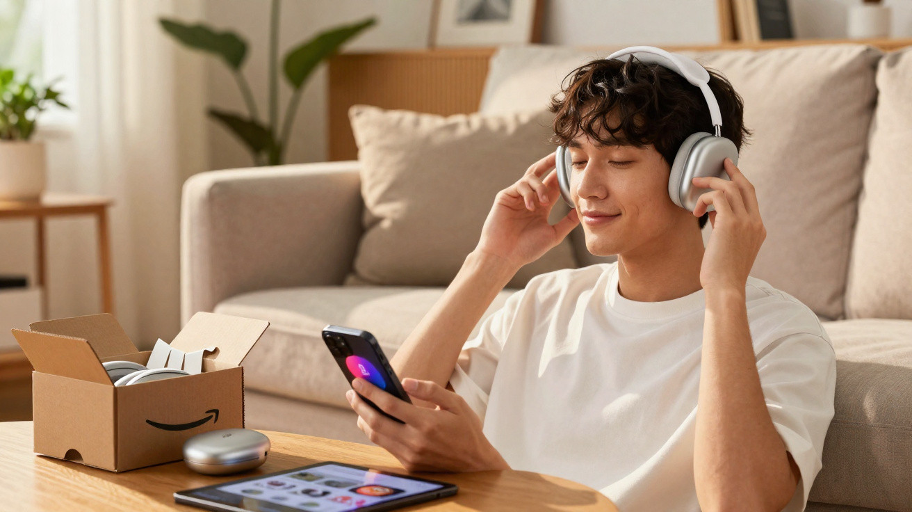 Jovem sentado a usar auscultadores sem fios brancos e a controlar música pelo telemóvel numa sala acolhedora.