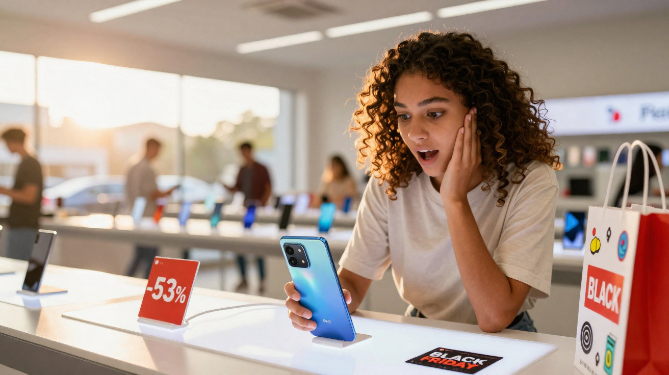 Mulher surpresa a olhar para telemóvel azul em loja tecnológica com promoção de Black Friday e desconto de 53%.