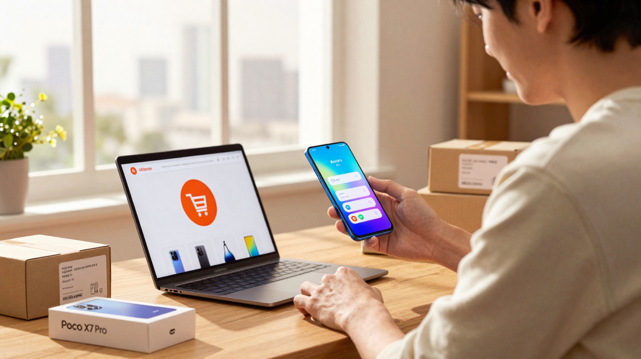 Pessoa a usar um smartphone e laptop para compras online num ambiente de escritório com caixas à volta.
