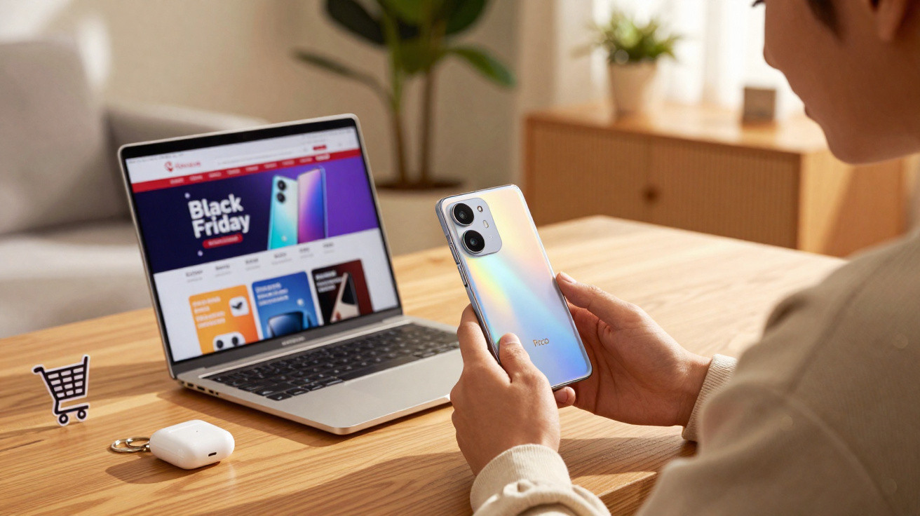 Pessoa segurando telemóvel à frente de portátil com site de promoções de Black Friday aberto numa mesa de madeira.