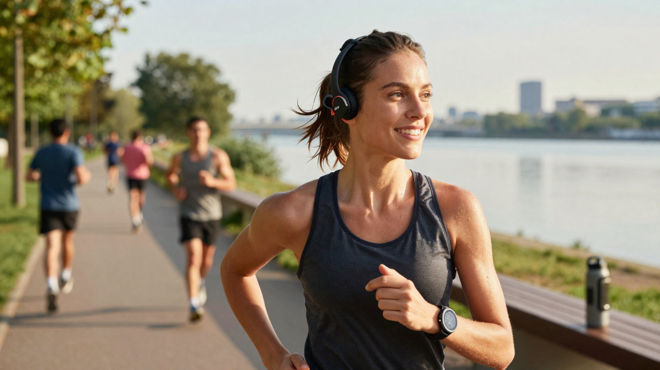 Mulher sorridente a correr com auscultadores junto a um rio, com outras pessoas a correr ao fundo numa manhã ensolarada.