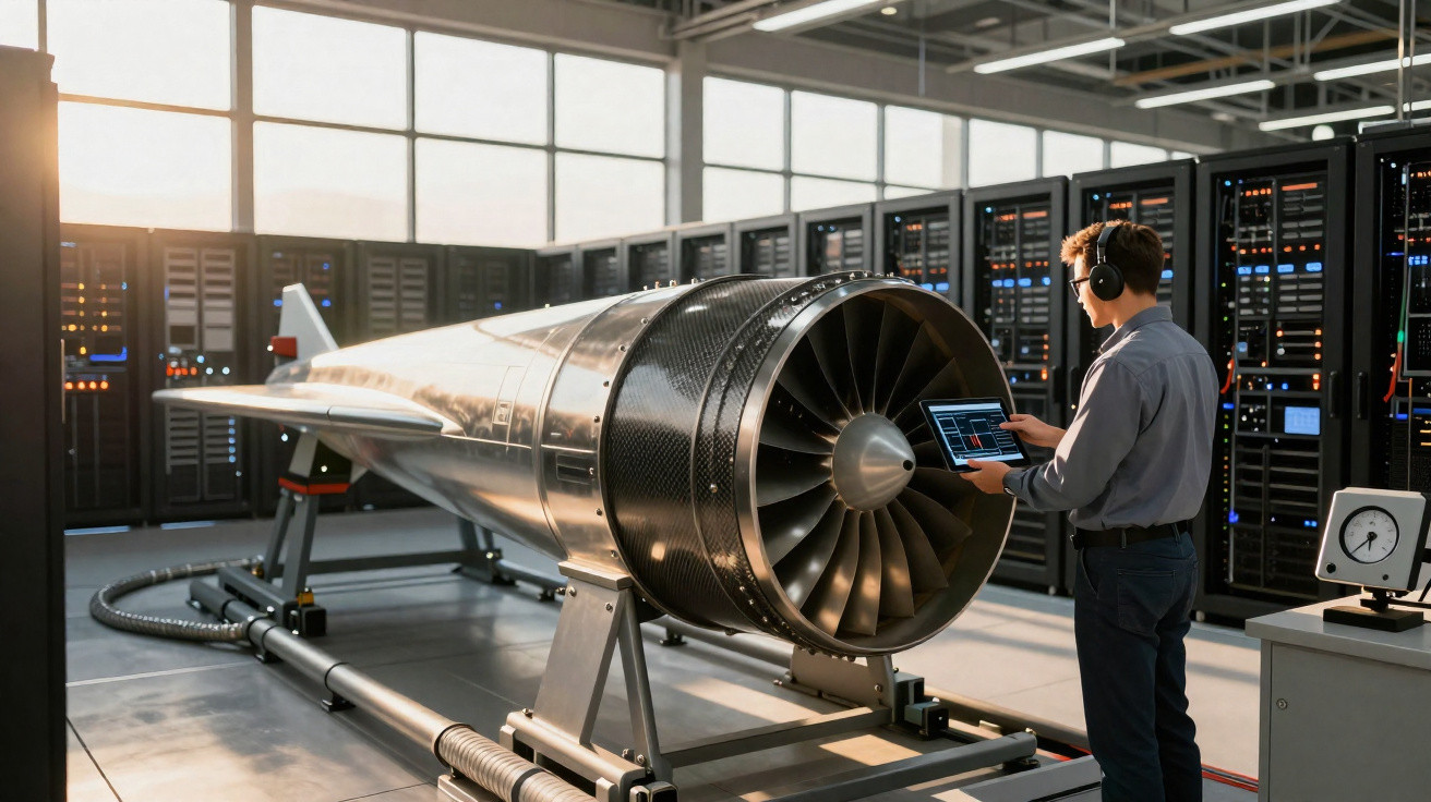Engenheiro com auscultadores verifica dados num tablet junto a turbina de avião numa sala técnica moderna.